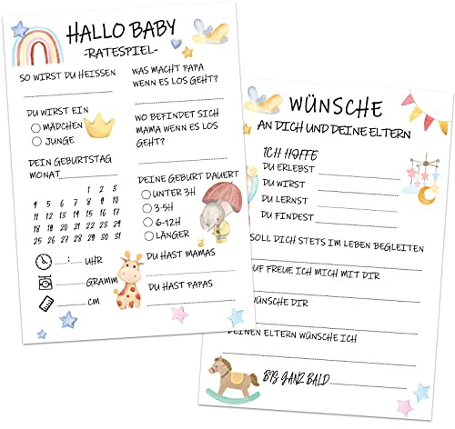 BOYATONG 30x Babyparty Spiele Karten zum Ausfüllen, Super Ratespiel für Babyparty oder Gender Reveal, Party Spiel Baby Tippkarten für Jungen und Mädchen -Beidseitig Bedruckt -Deutsch
