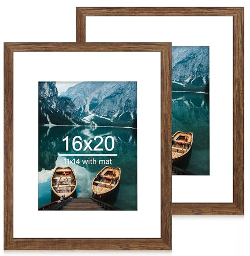 Hongkee 16x20 Frames Set of 2, Rustic Brown Wood Style - Display 16 x 20 Picture without Mat or 11x14 Picture with Mat, Wall Mounting Horizontal and Vertical
