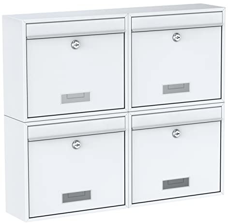 BASI Briefkasten 4er Set | Wandbriefkasten aus Stahl | Farbe Weiß | mit Namensschild | Zylinderschloss mit 2 Schlüssel | inkl. Befestigungsmaterial | Briefkastenanlage | 4 Stück