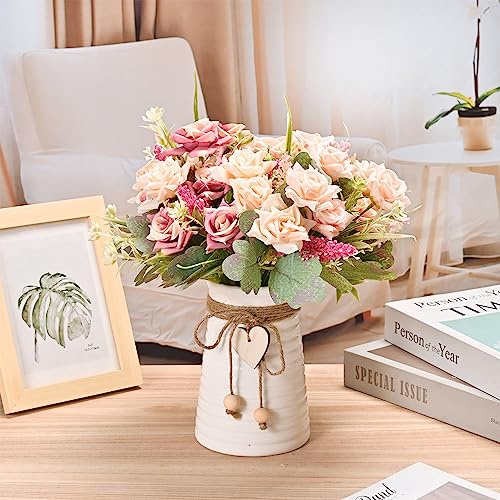 Yorkmills Artificial Flowers for Vase, Pink Roses Fake Flowers with Vase Silk Flowers for Home Office Mom Spring/Summer Decor, Autumn Decorations, Dining Table Centerpiece