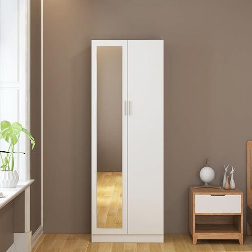 Panana 2 Doors Mirrored Wardrobe for Small Bedroom Bedroom Furniture Robe with 1 Storage Compartment, Hanging Rail, 72 x 47 x 170 cm (White)