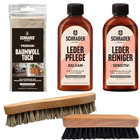 Schrader Reitsport Lederpflege - Pflegeset für strapazierte Reitkleidung und Reitzubehör - Lederreiniger und Lederbalsam für Glattleder - 5-teilig - Made in Germany