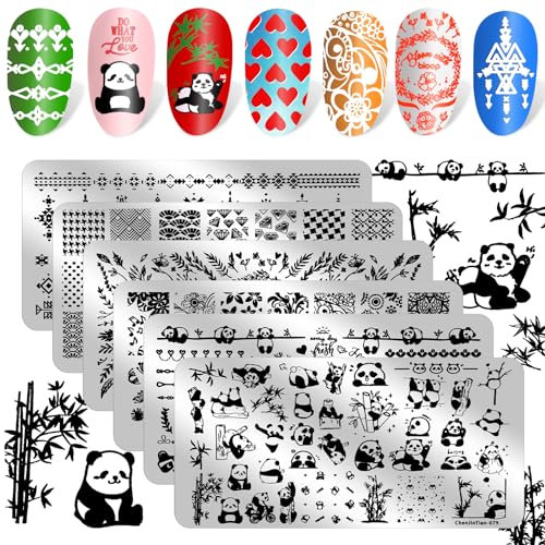 JSRQT 6 Stück Nagelkunst Stempelplatten, Gemischtes Muster Nail Stamping Plates Set, Süßer Panda Linie Blumenblätter Nail Art Schablonen Vorlagen, DIY Nagelschablonen für DIY Kunst Maniküre