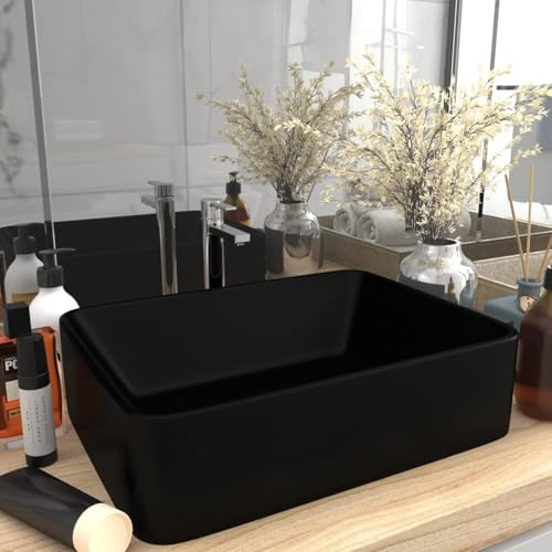 Gecheer Lyxigt toppmonterat tvättställ, matt svart, rektangulär av keramik med 41 x 30 x 12 cm och 4,5 cm dräneringshål, för badrum, gästtoalett, tvättstuga, kosmetisk eller arbetsplats