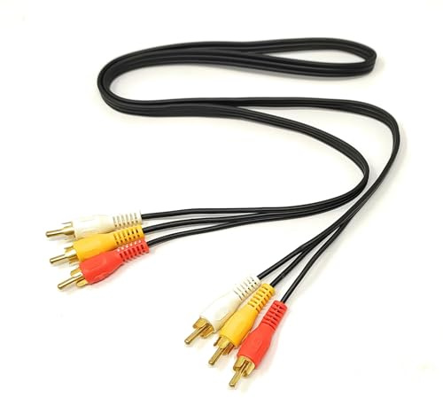 1m Triple 3 x RCA Male to 3 x RCA Male 24K Gold Plated Composite AV Audio Video Cable Compatible with Set-Top Box, Speaker, Amplifier, DVD Player (1m)