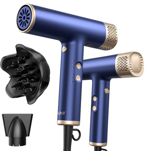 YAPOY Professional Hair Dryer with Diffuser Fast Drying 200 Million Ionic Blow Dryer with 110, 000 RPM High-Speed No Heat Damage Intelligent Thermo-Control Low Noise, Blue
