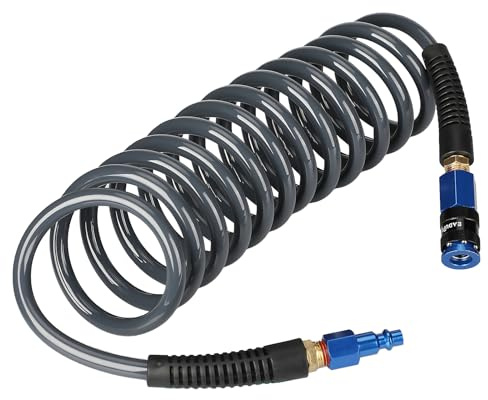 EADUTY Heavy Duty Polyurethane Recoil Air Hose 1/4 in x 10 ft, Lightweight, Flexible Compressor Hose with Universal Quick Coupler, Plug and Bend Restrictors, Gray