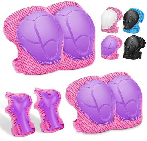 Ginocchiere per bambini, 6 in 1 per skateboard, pattini in linea, hoverboard, bicicletta (Rosa/Violetta)