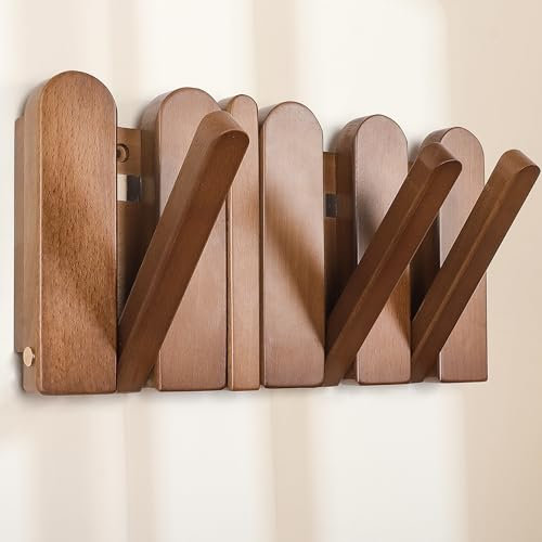 KINGSOW Flip Down Coat Rack: 4-Hooks Magnetic Wooden Modern Wall Mounted for Hanging Hats Bags Jackets - Space Saving for Apartment Hallway Bathroom