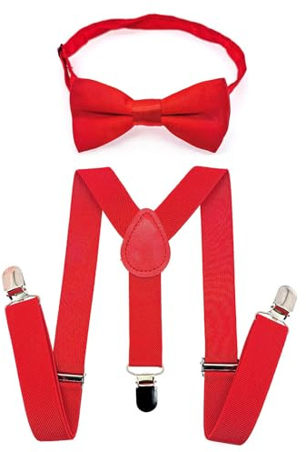 JZK Set di papillon rosso e bretelle per bambini sotto i 135 cm, a forma di Y, 3 clip regolabili, bretelle con papillon per ragazzi e ragazze, per matrimoni e feste in costume, rosso, taglia unica