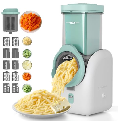 ZqoZqo Upgraded Electric Cheese Shredder, Automatic Cheese Grater Electric with 6 Interchangeable Blades, 6 in 1 Electric Cheese Grater for Cheese, Fruits, and Vegetables