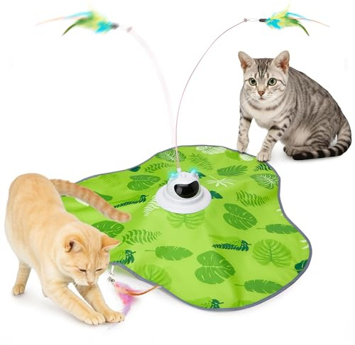 Toozey Interactive Cat Toy, Electric Hide and Seek Cat Toys with 3 Interchangeable Feathers, Rechargeable, Intelligent Toy for Self-Entertainment with Remote Control, Green