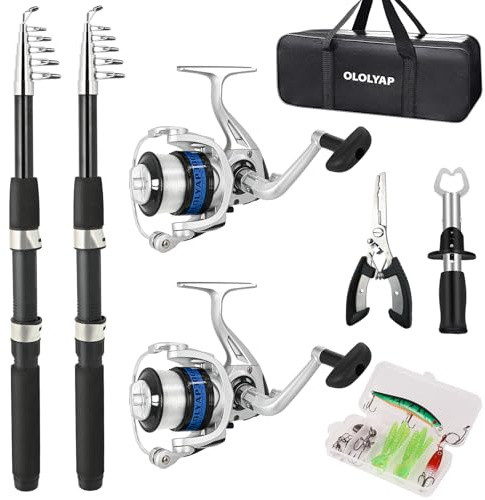 OLOLYAP Fishing Pole Combo Set 6.9ft 2PCS Telescopic Fishing Rod and Reel Combo with Fishing Pliers and Lip Gripper Collapsible Fishing Rod and Reel Kits for Bass