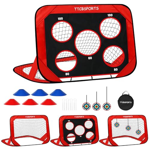 TTCB Sports 3-i-1 fotbollsmål för barn – 120 x 80 cm fotbollsmål utomhus med 5 målområden, popup-fotbollsmål nät, perfekt som fotbollsträningsutrustning eller presenter (röd)