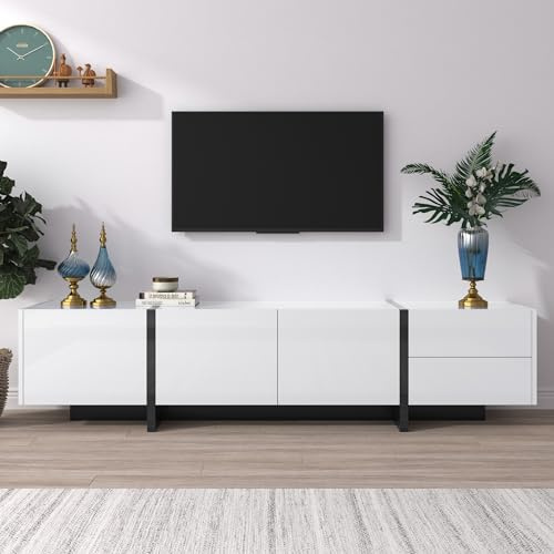 Jaxenor 190cm Hochglanz TV Lowboard mit 3 Türen und 2 Schubladen, Moderner TV Board mit Stauraum, Fernsehschrank, TV Schrank für Wohnzimmer, Einfaches Liniendesign, Weiß und Schwarz
