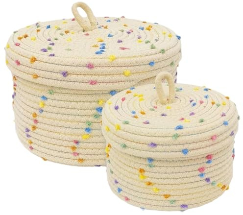 Cesta redonda de 2 piezas con tapa, almacenamiento de boho tejido de cuerda de algodón, 8x5 ＆ 10x6 canasta de arco iris decorativa redonda para bocadillos para la habitación del bebé