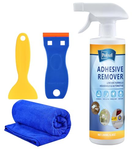POLIXEL Adhesive Remover - Powerful Glue Remover Spray with Scraper & Towel for Car, Bumper, Floor, Wall, Glass - Safe on Paint & Metal - Removes Decal, Tape, Stickers, Labels, Residue - 200ml/6.8oz