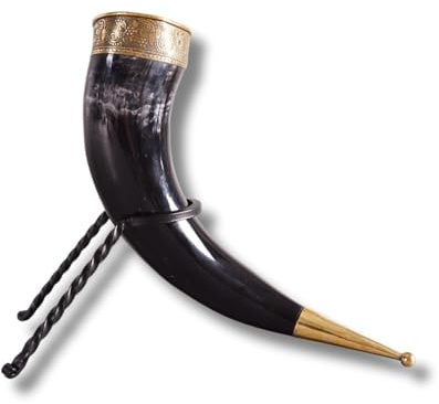 Viking Drinking Horn with Stand | Genuine Polished Ox Horn Mug | 12-14 Inch Medieval Ale Tankard | Norse Beer Cup for Mead, Ale & Wine | Handcrafted Drinking Vessel
