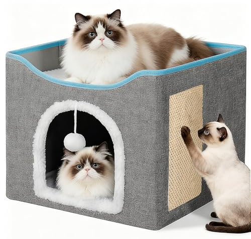RNPKZ Foldable Cat House, 2 Layer Cat Cave with Scratching Board & Fluffy Ball, 41x 41x35CM Foldable Modern Cat Cube Bed, Cat House Indoor for Multi Small Pet Large Kitty All Seasons (Dark Gray,M)