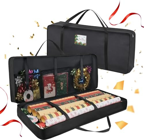 BUERPINKING Geschenkpapier Aufbewahrung Geschenkpapierrollen,Geschenkpapier Organizer mit Netztaschen und Fächern,Reißfest 600d Oxford 82x13x34cm (Schwarz mit Fenster)