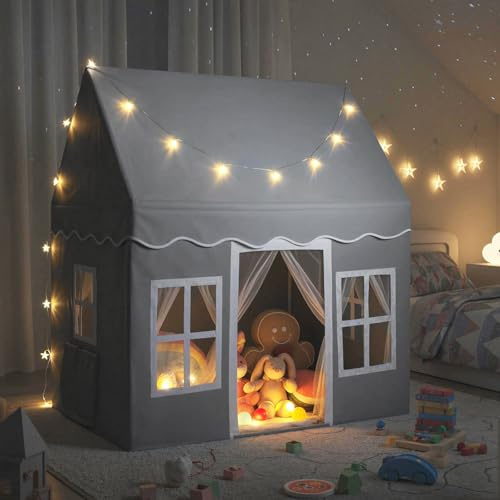 COSTWAY Tienda Campaña Infantil, Casa de Actividad para Niños con Luces de Estrellas, Alfombra Lavable Antideslizante, Cortina de Malla para Interior y Exterior, Tipi Infantil de Más de 3 Años (Gris)