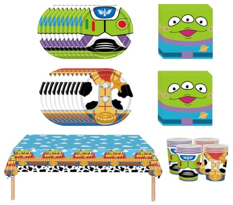 Fuwraixis Cartoon Story Vajilla para fiestas, 61 piezas Tema de juguete Vajilla infantil para cumpleaños, Juego de platos de papel para fiesta de niño, Vasos de papel, servilletas, manteles