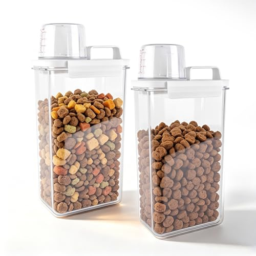 CZCMYAU Dog Food Storage Container Airtight 2 Pack, 2.3L Plastic Cereal Dispenser, Cat Pet Food Storage Containers with Measuring Cup, Portable Handle, Dry Kibble for Dogs Cats Birds, White