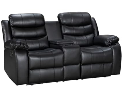 Divano Reclinabile 2 Posti in Pelle Nera con Portabicchieri – Sofà Relax Moderno con Sedili Reclinabili e Comfort Imbottito – 185x90x90 cm – Ideale per Soggiorno e Home Theater