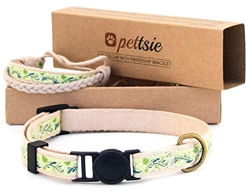 Pettsie Katzenhalsband und Freundschaftsarmband Set, Grün, 19-29 cm | Sicheres Design, Weiche Baumwolle, D-Ring für Zubehör, Einfach Einstellbar