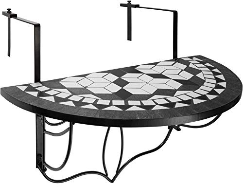 tectake® Table Balcon Suspendue et Rabattable en mosaïque de Pierre, 75x65x62 cm, Petite Table Exterieur, Plateau de Table Design Demi Lune, Max. 20 Kg, Gueridon, Decoration Balcon, Terrasse, Jardin