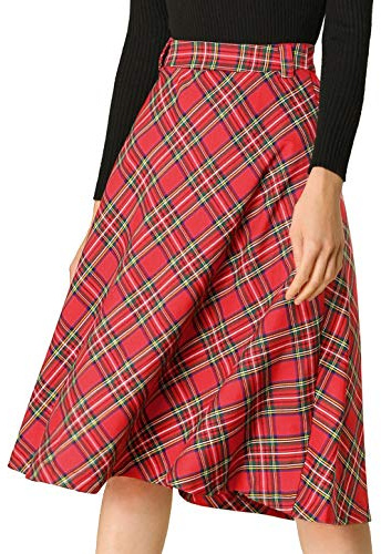 Allegra K Dam Tartan rutig kjol vintage hög midja bältad A-linje midi-kjolar, Röd, 34