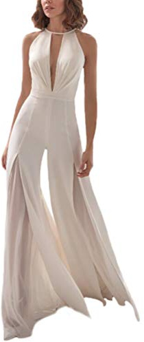 Monos Mujer Elegante Sin Mangas Playsuit Cuello En V Profundo Boda Fiesta Traje Pantalón Único con Encaje Largos Mono Pantalones Anchos Fiesta De Noche (Blanco,S)
