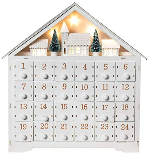 Wichtelstube-Kollektion Adventskalender zum befüllen, Winterdorf weiß XL Fächer, Weihnachtsdeko Holz beleuchtet