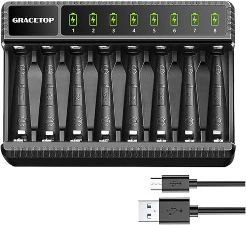 Oberoende laddare med 8 fack med 8 uppladdningsbara AA- och AAA Ni-MH samtidiga laddningar, laddare med LED-indikator, USB-ingångsport med 2 800 mAh AA, uppladdningsbara batterier med 8 delar