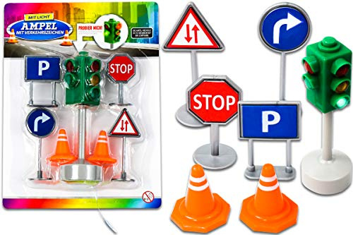 Trendario Juego de señales de tráfico para niños, 7 piezas, señales de tráfico y semáforo con función de luz
