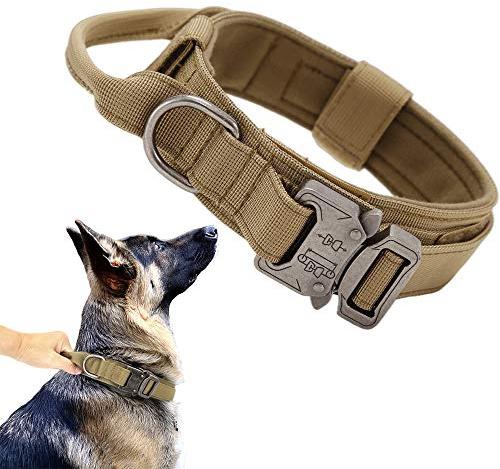 Xqpetlihai Tactical Dog Collar Adjustable Military Nylon Dog Collar with Control Handle and Heavy Duty Metal Buckle for Medium and Large Dogs (Brown,L)