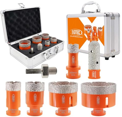 BGTEC Punte per Trapano Diamantate -7 pezzi(20/28/35/55/55/68mm+20mm puntatrapano a dito+adattatore) con filettatura M14 per la foratura di porcellana, ceramica, piastrelle, granito