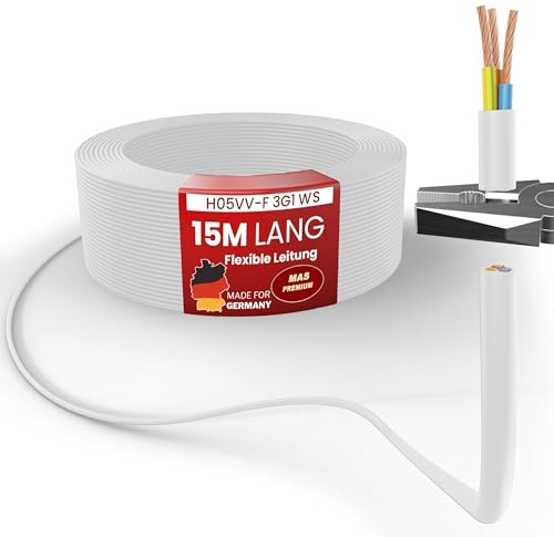 MAS Premium Von 5 bis 100m Kunststoffschlauchleitung H05VV-F 2, 3, 4 oder 5 x0,75; x1; x1,5 oder x2,5 Flexible Leitung Kabel Leitung Gerätekabel (H05VV-F 3G1 WS, 15m)