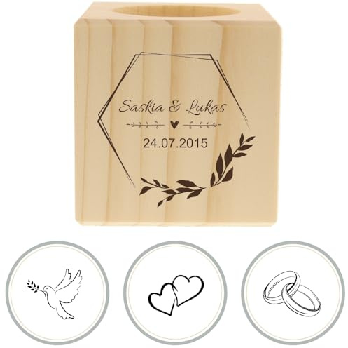 HOFMEISTER® Teelichthalter Holz mit Gravur – personalisiert mit Name und Motiv, Fichtenholz, Handarbeit, Hochzeitsgeschenk und Tischdekoration (1 Stück)