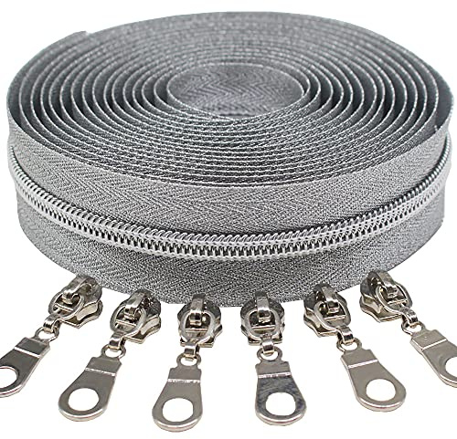 MebuZip 9 m Silber endlos Reißverschluss Meterware Nylon 6mm (Silberfarben) | Reißverschluss 25 Nonlock-Zipper für Taschen Deko DIY Basteln Nähen