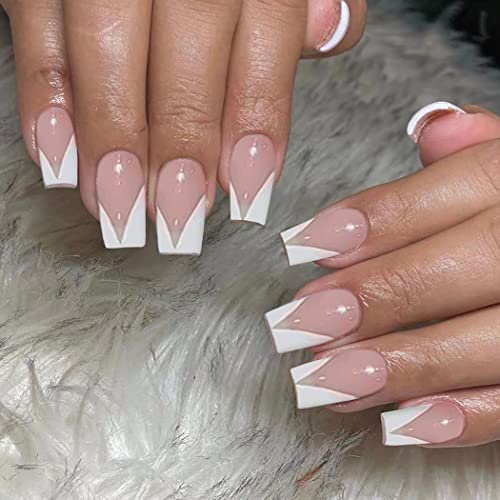 Handcess Sarg French Falsche Nägel Kurze glänzende Press on Nails Ballerina Weiß Acryl Kunst Falsche Nägel Stick on Nails 24Pcs für Frauen und Mädchen