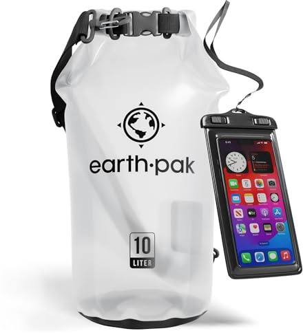 Earth Pak – Wasserdichter Packsack mit Schultergurt und wasserfester Handyhülle – Ideale Rolltop Tasche beim Kajak Fahren, Wandern, Camping, Angeln, Bootfahren und Rafting