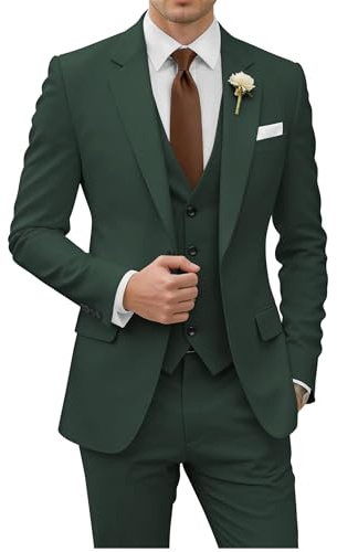 Wangyue Men 3 Piece Suit Slim Fit Suits for Men Single Breasted Solid Wedding Outfit One Button Blazer Vest Pants Sets, Hunt Green, L
