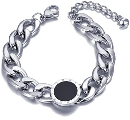 Bysonglezai Pulsera Mujer Brazalete Regalo Bracelets Pulseras De Cadena Grande Y Gruesa para Mujer, Pulsera De Eslabones De Cadena con Números Romanos, Acero Negro
