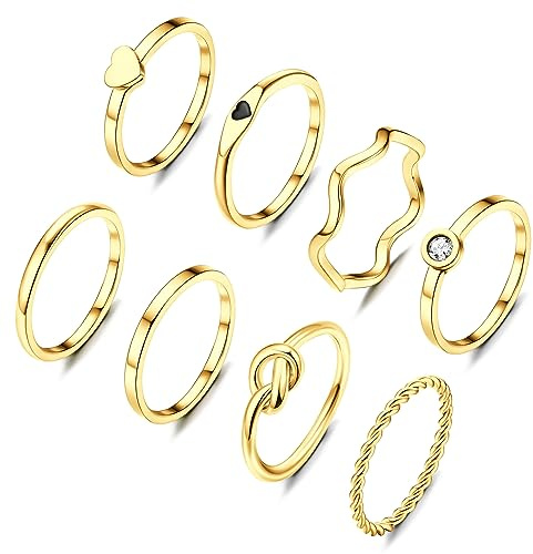 KALVICA 8 Piezas Anillo Plata/Oro Mujer Acero Inoxidable Fino Twist Nudo Corazón Anillo Minimalista Apilable Nudillo Pulgar