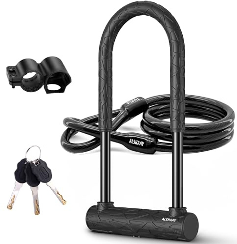 Heavy Duty Bike U Lock - Super Strong 12 Ton Shear, 20mm U Shape Lock Anti-Theft Silicone Covered Electric Scooter Lock Keyhole with Sliding Cover 4ft Steel Cable with Mounting Bracket and 3 Keys(L)