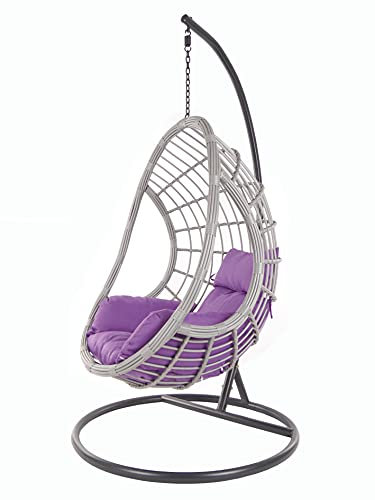 KIDEO Komplettset: großer Hängesessel mit Gestell & Kissen, Indoor & Outdoor, Poly-Rattan, grau (Kissen: lila Nest (4050 Violet))