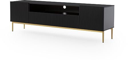 bogart TV Lowboard Nicole 200 cm mit 4 Klappen/Türen, offenes Fach, Griffloses Öffnungssystem, Gold Metallfüße, Fernsehtisch, Sideboard, Fernsehschrank, TV Tisch, TV Schrank, TV Bank