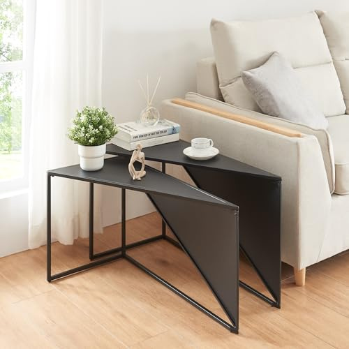 [en.casa] Satztisch Kungsör 2er-Set Beistelltisch Sofatisch dreieckiger Dekotisch Pflanztische in 2 Größen aus Metall für Wohnzimmer Schwarz