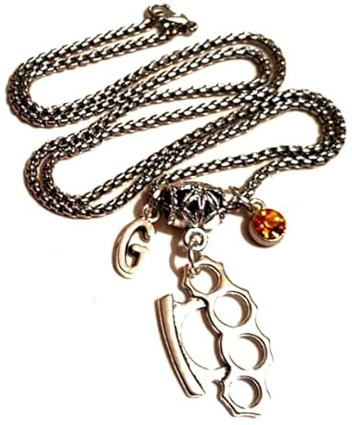 Personalised Knuckle Duster Necklace with Initials & Birthstone On A 24 Inch Stainless Steel Chain, Brass Knuckles Hip Hop Gangsta' Necklace MMA Fighter Jewelry